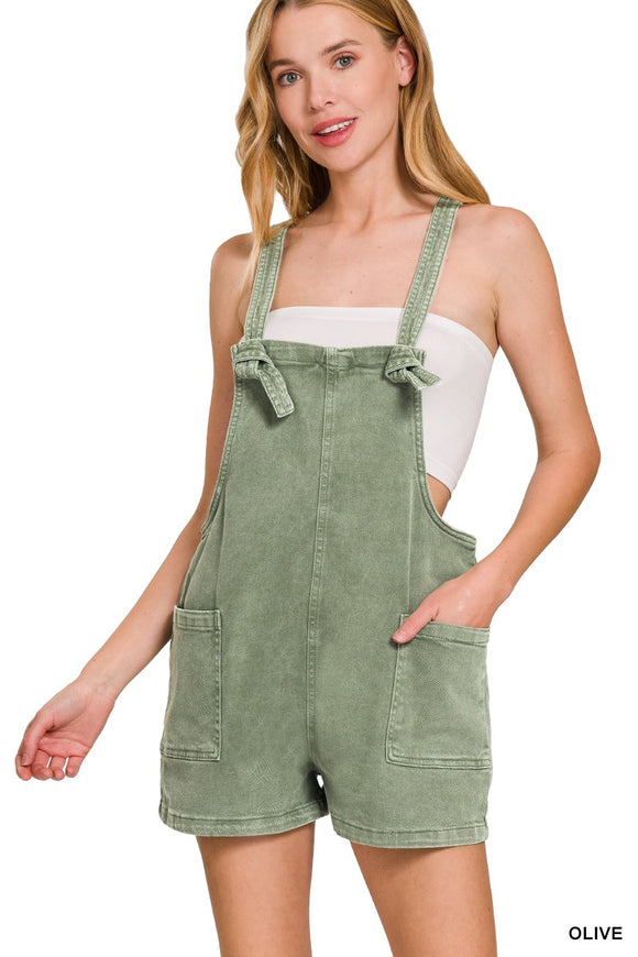 Washed Knot Strap Rompers - olive