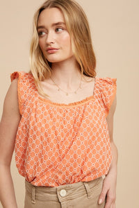 Flutter Sleeve Cotton Blouse - coral, yellow