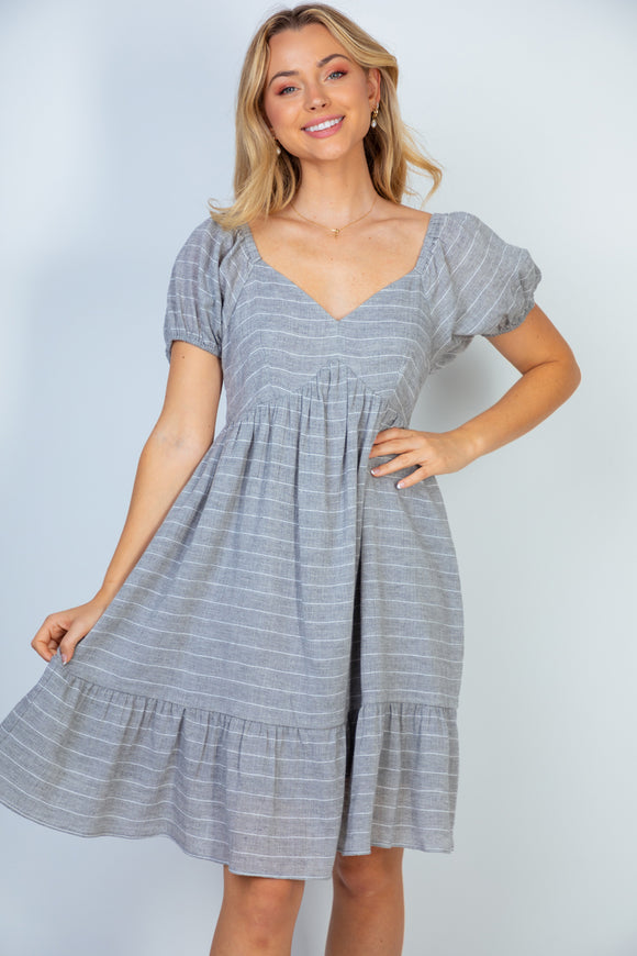 Puff Sleeve Dress - striped (grey)