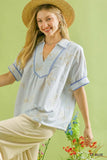 Umgee Striped Embroidered Blouse with Scallop Trim