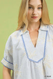 Umgee Striped Embroidered Blouse with Scallop Trim