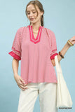 Umgee Striped Ruffle Sleeve Split-Neck Blouse