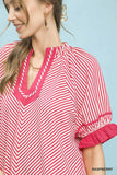Umgee Striped Ruffle Sleeve Split-Neck Blouse
