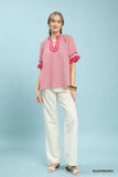 Umgee Striped Ruffle Sleeve Split-Neck Blouse