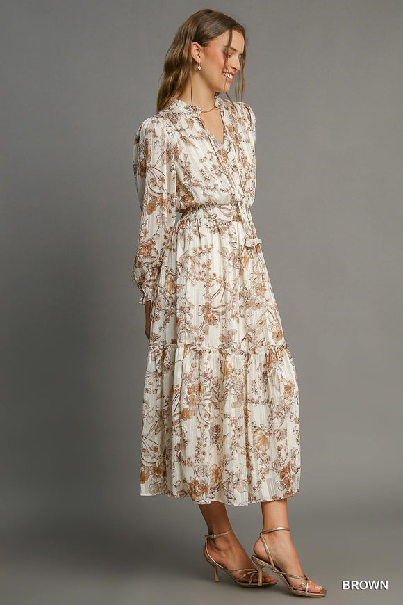 Floral Print Midi Dress - brown