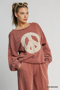 French Terry Peace Sign Top - red brown