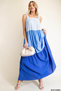 Colorblock Tiered Dress - blue