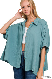 Button Up 3/4 Sleeve Top - dusty teal