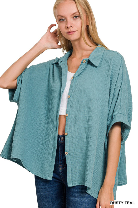 Button Up 3/4 Sleeve Top - dusty teal