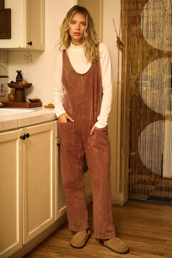 Mineral Washed Jumpsuit - red brown