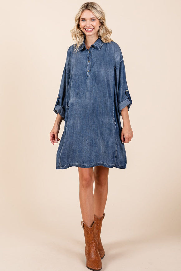 Washed Chambray Mini Shirt Dress