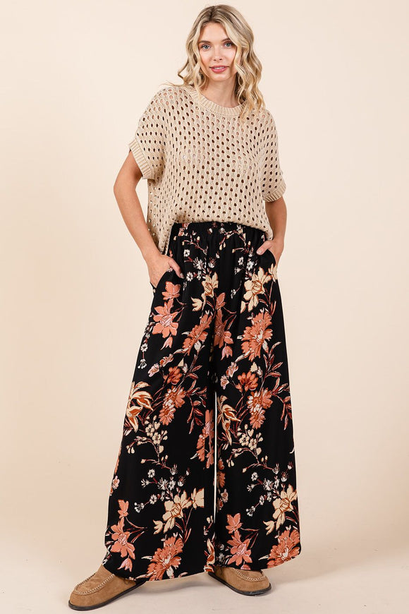 Flower Print Wide Leg Pants - black