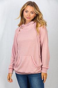 Hooded Button-Detail Pullover - mauve, charcoal