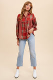 Plaid Balloon Sleeve Top - red