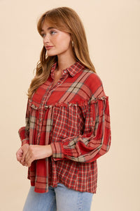 Plaid Balloon Sleeve Top - red