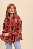 Plaid Balloon Sleeve Top - red