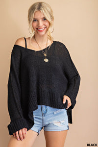 Folded Sleeve V-neck Sweater - black