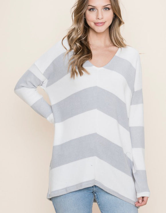 V-neck Striped Sweater - heather gray and mustard