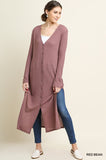 Long Waffle Weave Cardigan - red bean and black