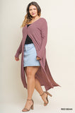Long Waffle Weave Cardigan - red bean and black